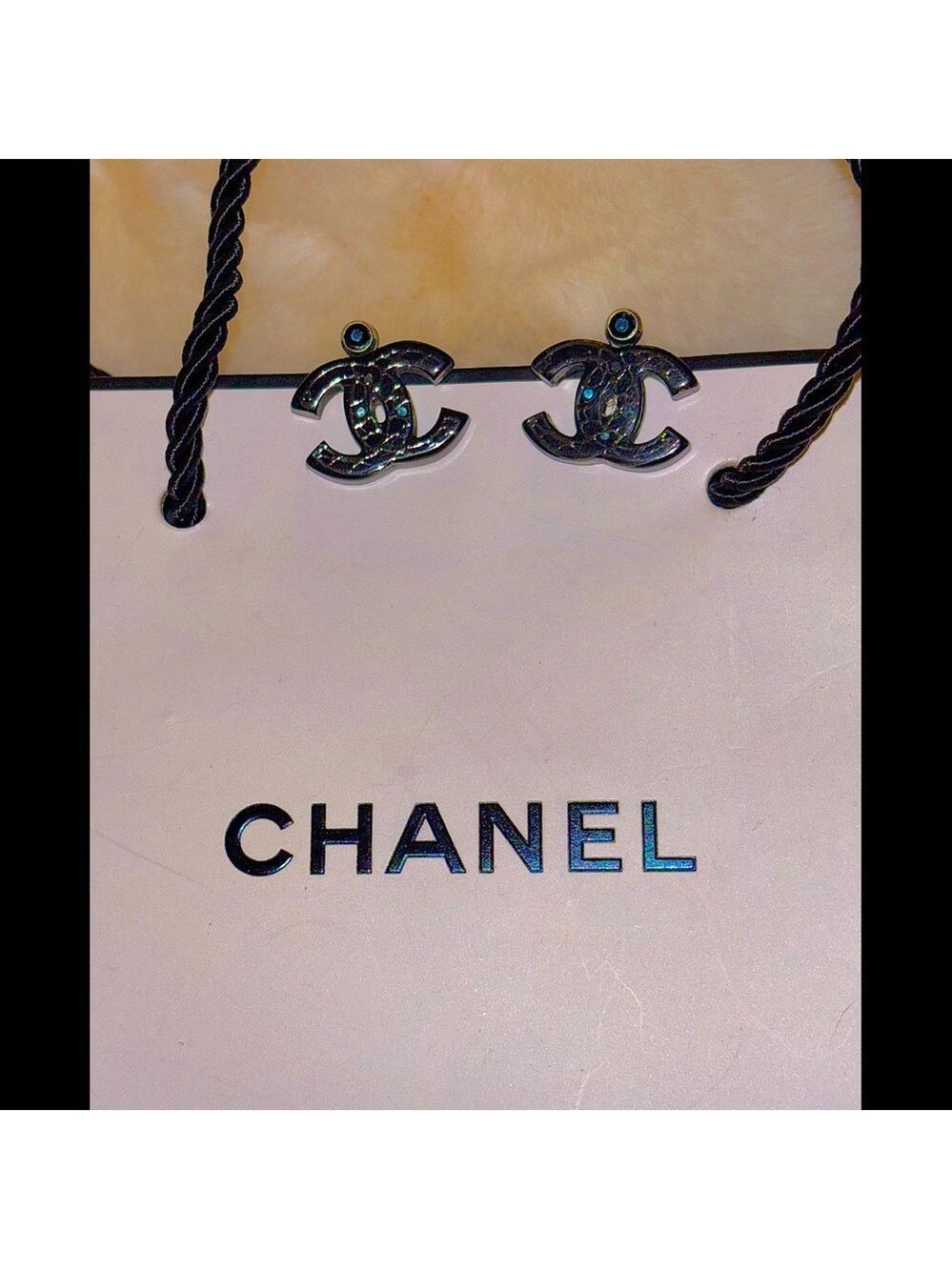 CHANEL Blue Crystal Logo Earrings - Authentic- with Box/Bag - Picture 10 of 13
